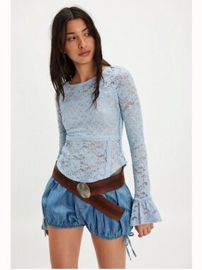 FREE PEOPLE Sheer Lace Flared Long Bell Sleeve Patchwork Top XS NIAGRA MIST